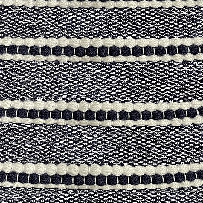 SIMPLIHOME Corrie Boho Square Woven Outdoor/ Indoor Pouf in Navy and White Recycled PET Polyester for the Living Room, Bedroom and Kids Room