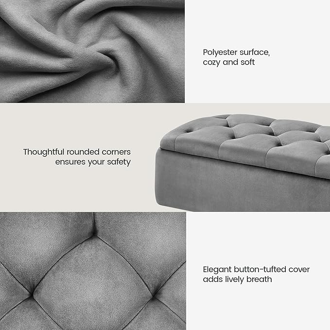 Yaheetech Ottoman with Storage, Velvet Entryway Bench with Safety Hinge, Upholstered Bench with Seating for Bedroom, Living Room, Holds up to 519 lb, Gray