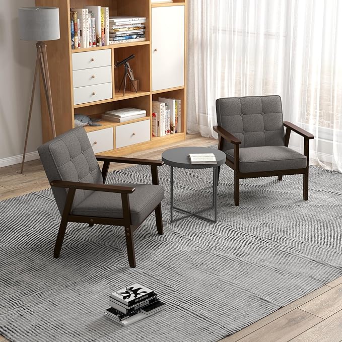 KCC Mid-Century Modern Linen Fabric Accent Chair, Upholstered Tufted Leisure Chair Comfy Reading Side Chair with Armrest and Solid Wood Frame for Living Room Bedroom Balcony(Gray)