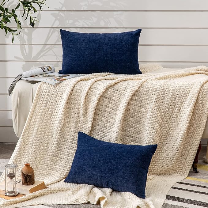 GAWAMAY Lumbar Support Pillow Decorative Rectangle Throw Pillow Covers 12"x20" Inch Set of 2, Soft Chenille Pillowcase for Living Room Bedroom Sofa Couch Cushion Cover Navy Blue 30x50cm (ONLY Covers)