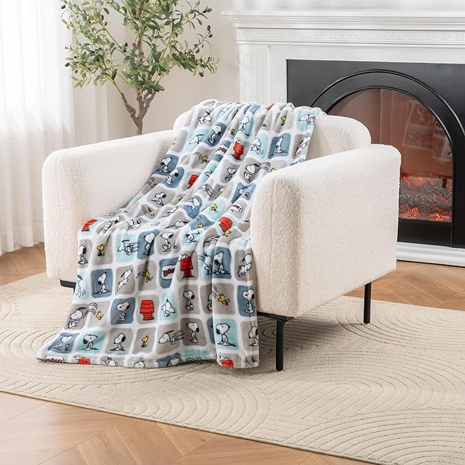 Berkshire Blanket Peanuts VelvetLoft Cute Character Snoopy Plush Throw Blanket,Peanuts Snoopy Woof Blue,Throw 55 in x 70 in (Official Peanuts Product)
