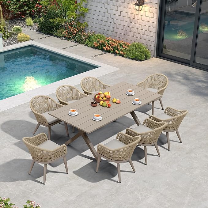 PURPLE LEAF 9 Pieces Outdoor Dining Set with Patio Aluminium Dining Table and Woven Rattan Chairs Modern Metal Furniture Cushions Sets for Garden Yard Indoor Kitchen Champagne