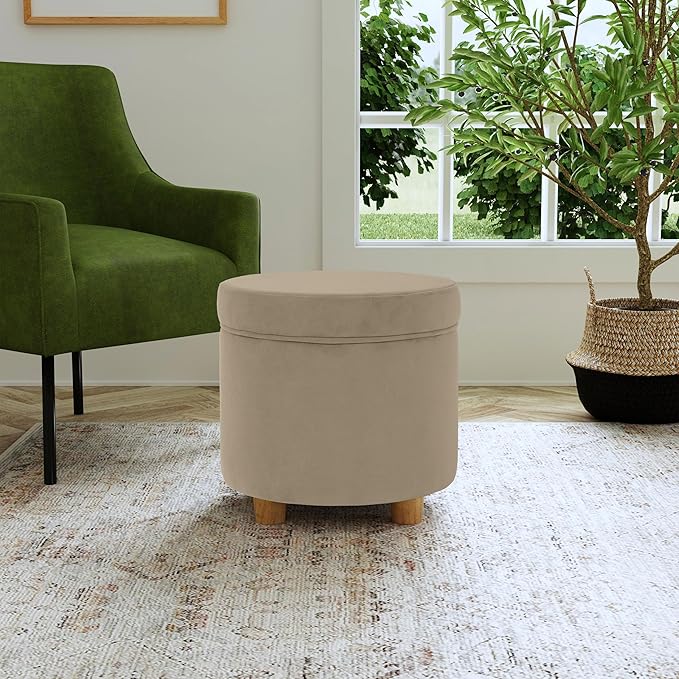 HomePop Home Decor | Upholstered Round Storage Ottoman | Ottoman with Storage for Living Room & Bedroom, Fawn Gray Velvet, Large