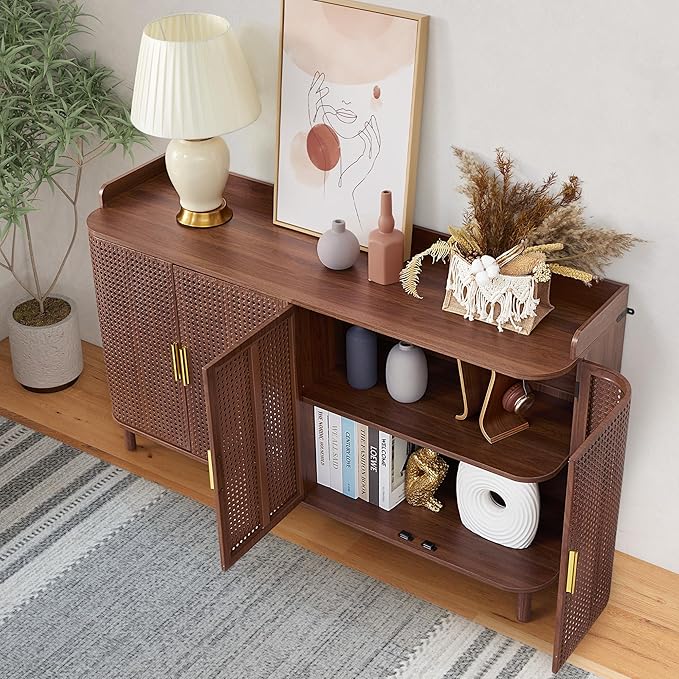 4 Doors Storage Cabinet, 2 Tier Wooden Storage Organizer Cabinet with Adjustable Shelf, Sideboard Buffet Cabinets with Iron Curved Doors Accent Shoe Rack for Entryway Hallway Living Room (Walnut)