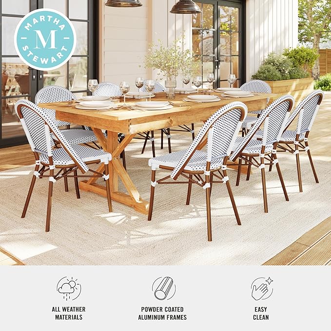 Martha Stewart Lily Pond Indoor-Outdoor Stackable Bistro Chairs with Natural Woodgrain Aluminum Frame Finish, White/Navy Woven Rattan Backrests/Seats, Set of 2