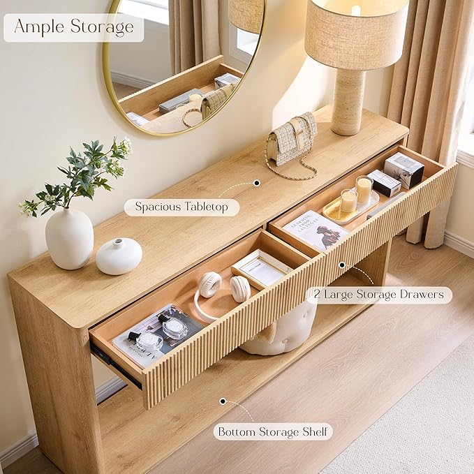 OKD 63" Fluted Console Table for Entryway, Modern Entryway Table with 2 Large Drawers, Long Sofa Table Behind Couch for Living Room, Hallway, Couch, Foyer,Natural Oak