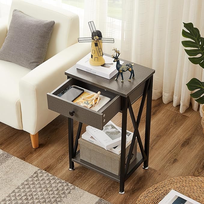 VECELO Tall Nightstand Set of 2,27.6 inch Wooden End Table with Metal X-Frame,Side Table with Drawer and Storage Shelf for Living Room Bedroom Entryway Small Spaces