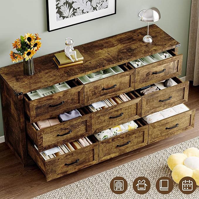 9-Drawer Dresser for Bedroom, Modern Wooden Chest of Drawers with Metal Handles, Anti-Tipping Design, Sturdy and Stable Storage Organizer for Living Room, Entryway, Home Office