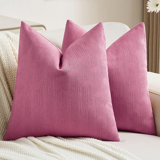 FUTEI Hot Pink Chenille Decorative Throw Pillow Covers 24x24 Inch Set of 2,Soft Cozy Striped Geometric Patterns European Cushion Cases,Modern Home Decor for Couch Bed Living Room