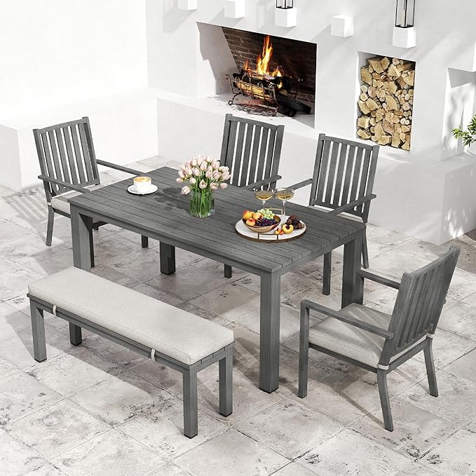 Wisteria Lane Aluminum 6 Pieces Patio Dining Sets, Outdoor Dining Table with 4 Chairs and Bench, Outdoor Patio Dining Furniture Set with Removable Cushion for Lawn, Garden, Backyard, Gray