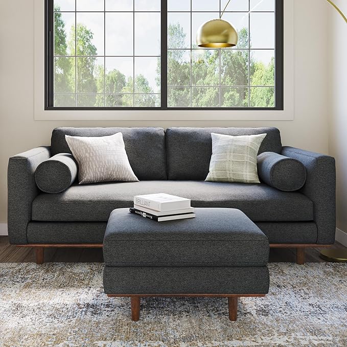 SIMPLIHOME Morrison 72-inch Wide Sofa in Charcoal Grey Woven-Blend Fabric, Handcrafted Mid-Century Modern Loveseat for Living Room or Family Room, Single Bench Cushion, Bolster Pillows