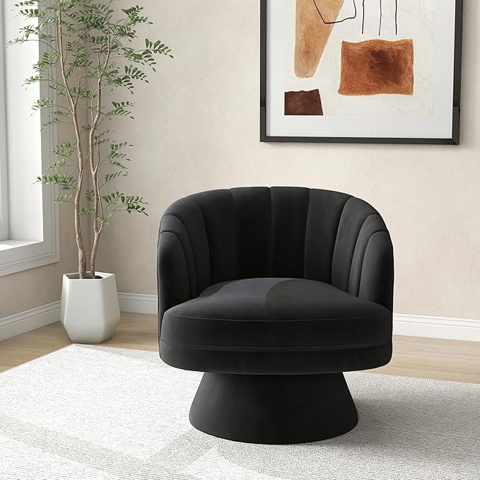 Swivel Accent Chair Set of 2,Upholstered Velvet 360° Swivel Barrel Chair for Living Room Overstuffed Bouncle Reading Chair Round Armchair for Bedroom,Vanity,Office (Black)