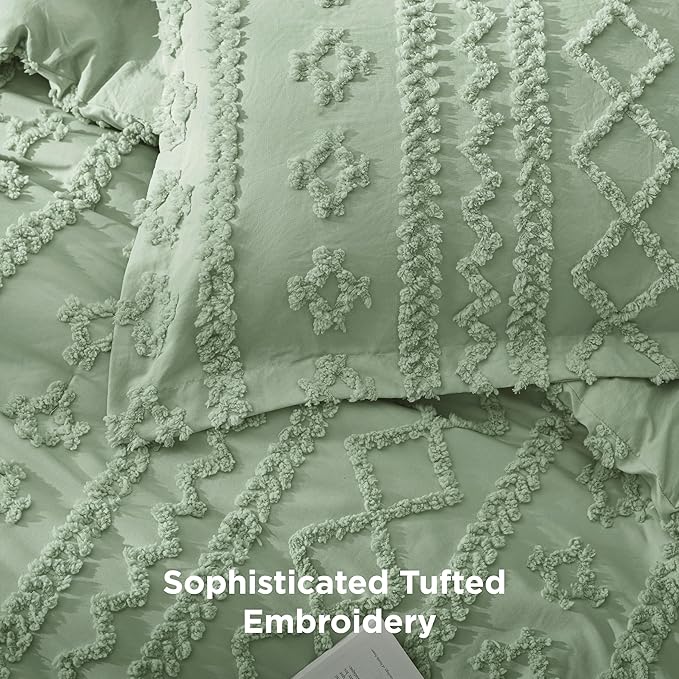 Bedsure Tufted Boho Comforter Set Twin Size - Sage Green Boho Bed Set, GentleSoft™ 2 Pieces Farmhouse Shabby Chic Embroidery Bedding, Gifts for Woman, Soft Jacquard Twin Comforter for All Seasons