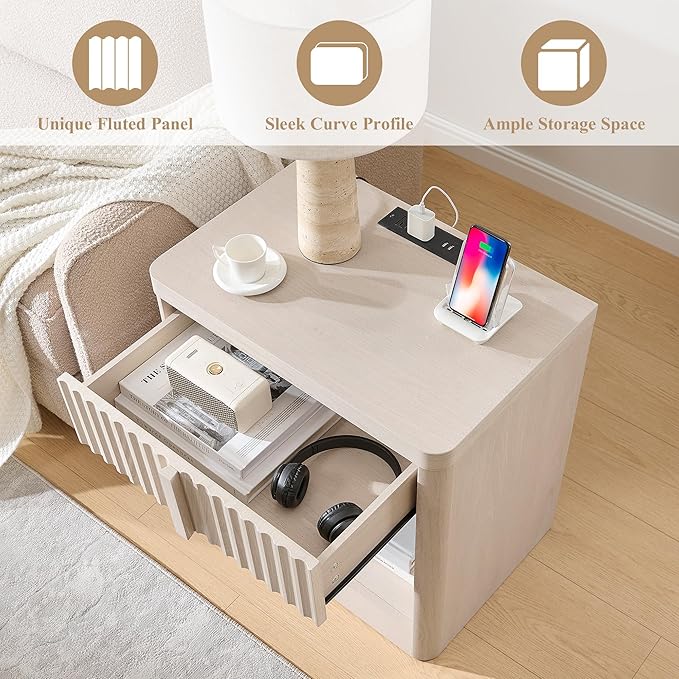 Fluted Nightstand Set of 2 with Charging Station, 23.6" End Table with Open Shelf and Drawers Storage, Bedside Table with Solid Wood Handle, Curved Profile Design, Night Stand for Bedroom