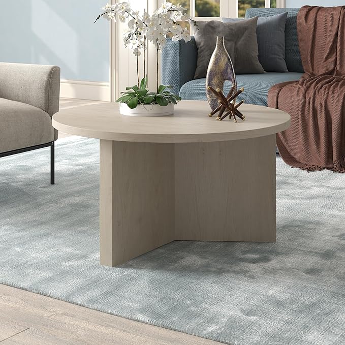Henn&Hart 32" Round Wood Pedestal Coffee Table for Living Room, Family Room, Office, or Apartment, Alder White