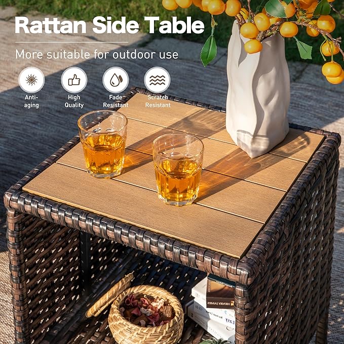 Patio Wicker Swivel Chairs Set of 2, Outdoor High Back Chairs with 5.5" Waterproof Cushions and Side Table, Outdoor Furniture Set for Deck Porch and Yard, Peacock Blue