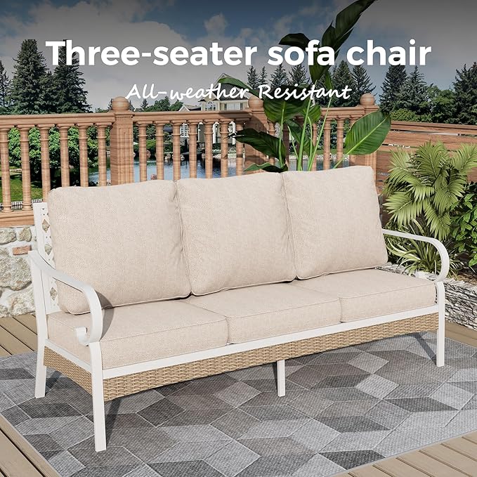 Patio Furniture Sofa, 3-Seat Patio Sofa Steel Frame Outdoor Sectional Couch with Deep Seating and 5.5” Cushions for Lawn Backyard Porch Deck, Beige