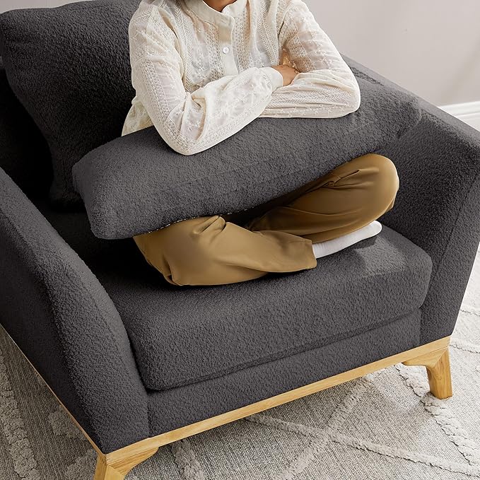 VANOMi Large-Sized Accent Chair, Thick Cushion Bedroom Reading Chair, Comfortable Living Room Single Sofa, Boucle Dark Gray