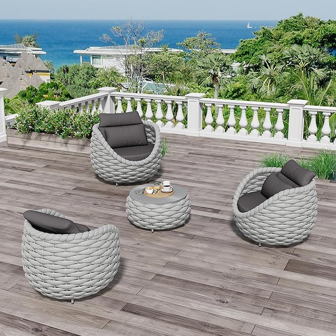 4 Pieces Courtyard Seating Set: Aluminum Woven Rope Patio Furniture Chair Set - All Weather Metal Outdoor Conversation Set - Assembled Armchair w/Table for Bistro Deck Porch Balcony Pool Hotel