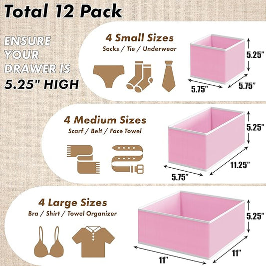SIMPLE HOUSEWARE Foldable Drawer Organizer for Clothes/Underwear/Panty/Onesie Stocking Bin, Set of 12, Pink