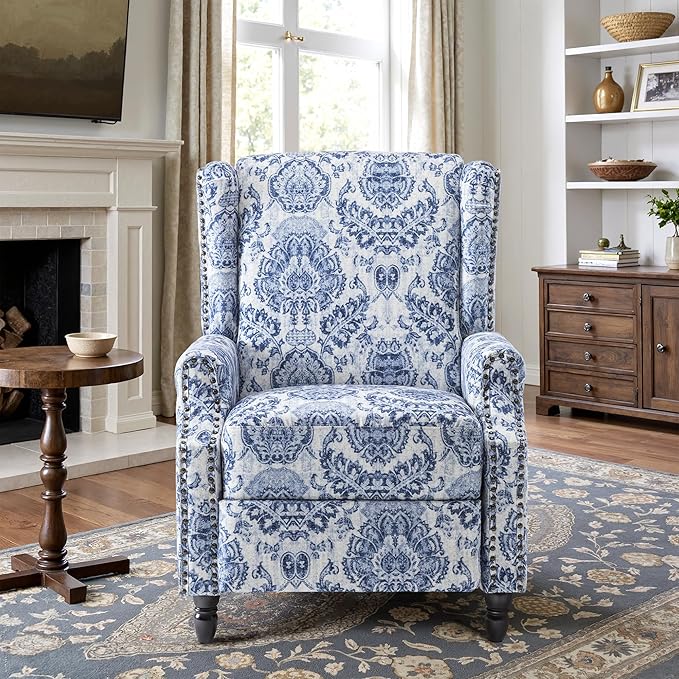 Recliner Chair, Upholstered Wingback Floral Pushback Armchair with Adjustable Backrest & Footrest, Comfy Accent Chair Reading Single Sofa for Small Spaces, Living Room, Bedroom-Navy Blue, Set of 2