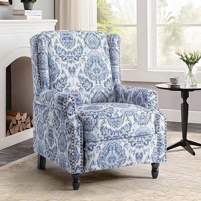 UIXE Floral Pushback Recliner Chairs Set of 2, Fabric Upholstered Armchair Push Back Accent Chair for Living Room, Rivet Trim Club Chair Home Theater Single Sofa Reading Seat - Navy Blue