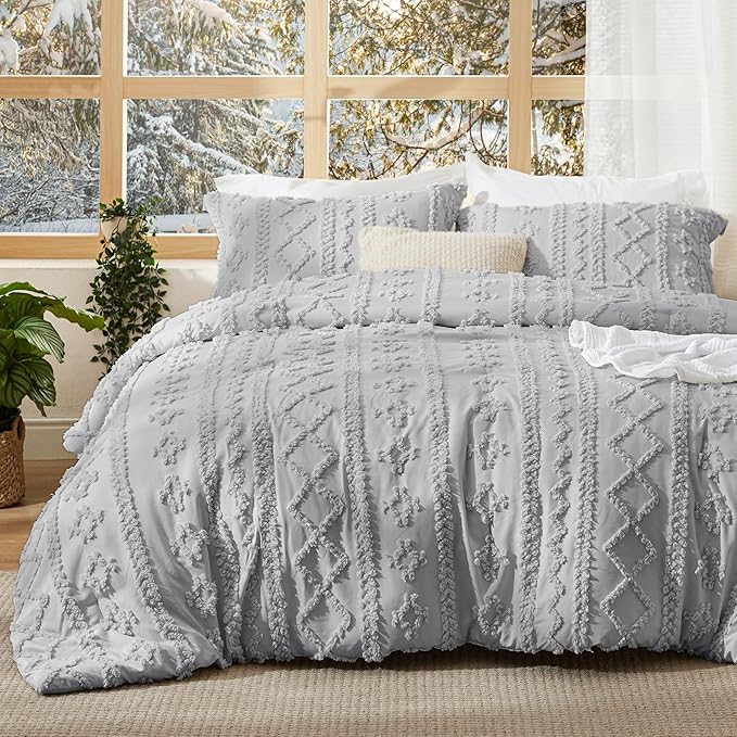 Bedsure Tufted Boho Comforter Set Twin Size - Light Grey Boho Bed Set, GentleSoft™ 2 Pieces Farmhouse Shabby Chic Embroidery Bedding, Gifts for Woman, Soft Jacquard Twin Comforter for All Seasons