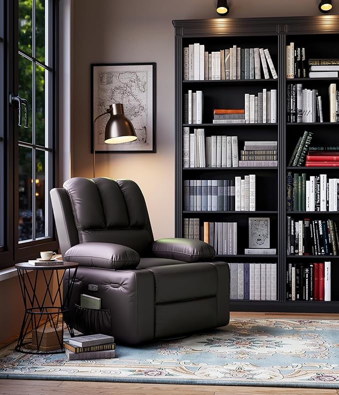 27" Oversized Power Recliner Chair, Faux Leather Rocking Chair with Heat & Massage, 360° Swivel Modern Electric Recliner with Cup Holder & USB Charging for Living Room, Bedroom, Nursery - Coffee