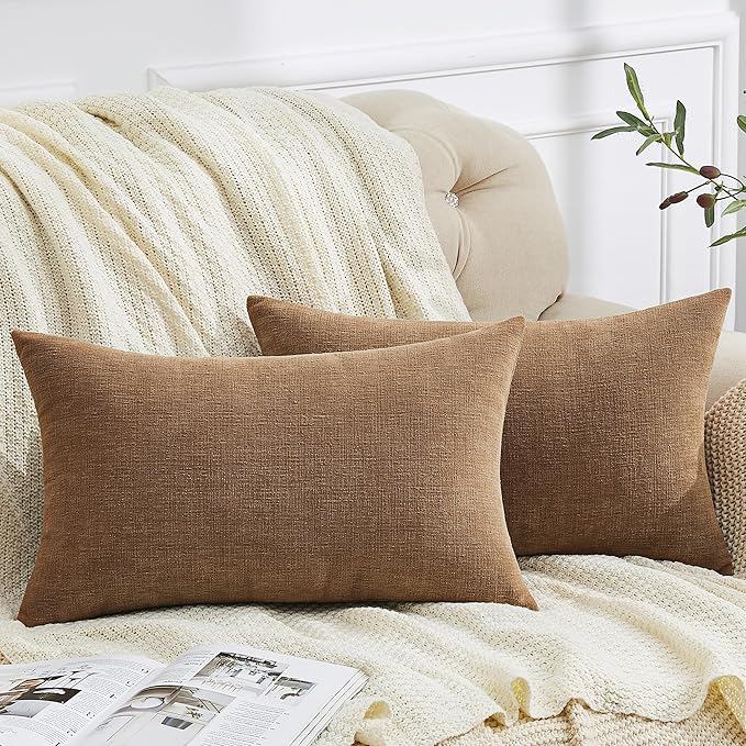 GAWAMAY Lumbar Decorative Throw Pillow Covers 12"x20" Inch Set of 2, Super Soft Chenille Rectangle Pillowcase for Living Room Bedroom Sofa Couch Cushion Support Pillow Cover 30x50cm Brown (No Insert)