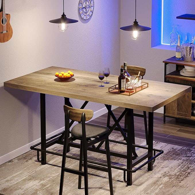Tribesigns Bar Table, Industrial Counter Height Pub Table with Metal Footrest, 63-Inch Rectangle Wood Kitchen Dining Table with Sturdy Metal Frame for Dining Room, Home Bar (Gray)
