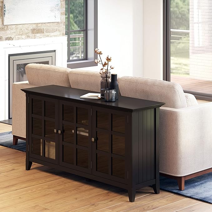 SIMPLIHOME Acadian SOLID WOOD 62 inch Wide Transitional Wide Storage Cabinet in Black, with 3 Tempered Glass Doors, 3 Adjustable Shelves