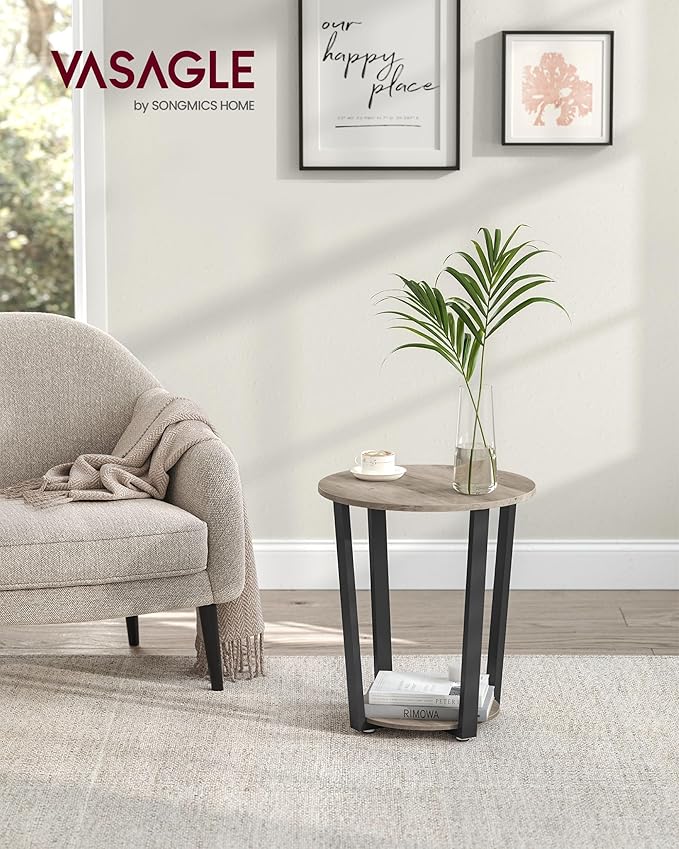 VASAGLE Round Side End Table, 2-Tier Accent Bedside Table with Storage Shelf, Easy Assembly, Nightstand for Small Spaces, Living Room, Bedroom, Heather Greige and Ink Black ULET057B02