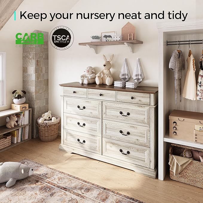LINSY HOME Farmhouse 9 Drawers Dresser for Bedroom, Wood Bedroom Dresser Wide Chest of Drawers, French Country Storage Double Dressers Organizer for Closet, Living Room, Beige