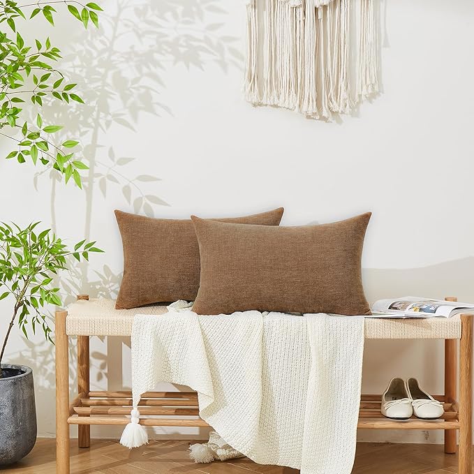 GAWAMAY Lumbar Decorative Throw Pillow Covers 12"x20" Inch Set of 2, Super Soft Chenille Rectangle Pillowcase for Living Room Bedroom Sofa Couch Cushion Support Pillow Cover 30x50cm Brown (No Insert)