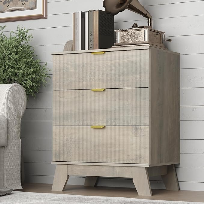 Fluted 3 Drawer Dresser, 30.3" Tall Compact Modern Boho Chest of Drawers, Wooden Storage Cabinet for Bedroom, Living Room, Entryway, Curved Profile Design