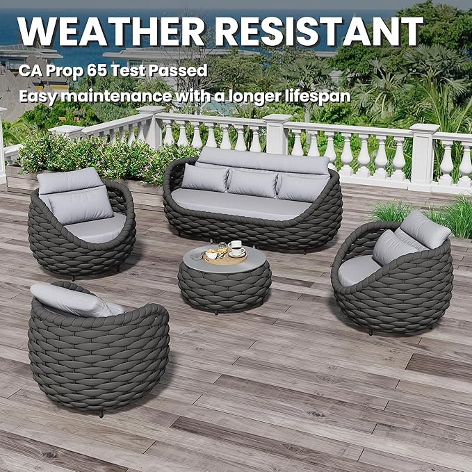 Aluminum Woven Rope Patio Furniture Set: 5 Pieces Assembled Outdoor Conversation Sofa Set for 6 - Modern Metal Couch Set Cushioned - All Weather Porch Seating for Deck Garden Lanai Hotel Resort