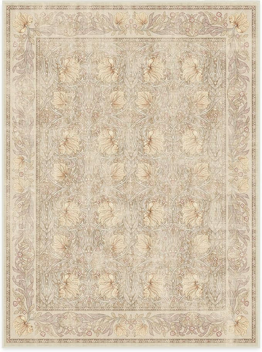RUGGABLE x Morris & Co Washable Area Rug – Pimpernel Vintage Stone 9x12, Stain-Resistant, Non-Slip – Large Machine Washable Rugs for Living Room, Bedroom, Hallway, Entryway & Office–with Standard Pad