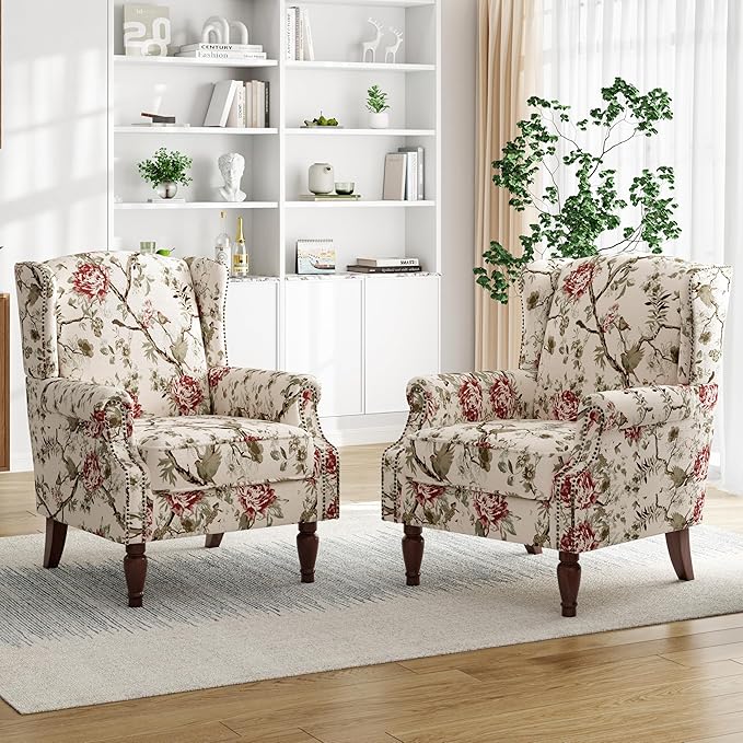 Pia Ricco Set of 2 Floral Accent Chairs, High Back Upholstered Armchairs with Retro Wingback Design, Nailhead Trim & Solid Wood Legs for Living Room Bedroom(Flower Beige)