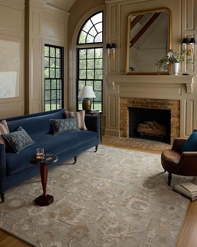 Loloi Chris Loves Julia Dorothea Collection DRT-01 Stone/Multi 2'-6" x 7'-6" Runner Rug Wool Neutral Floral Living Room Bedroom Carpet