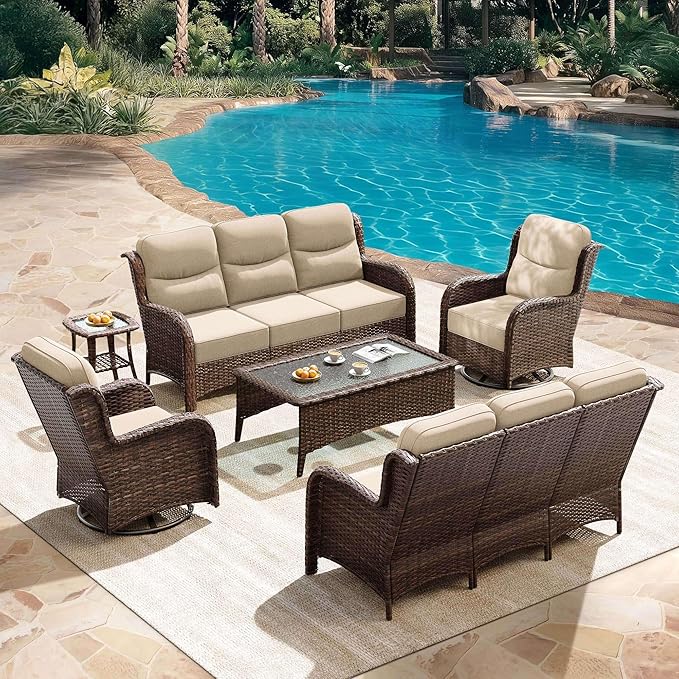 HILLGA Luxury Patio Furniture Set with 6-Inch Thick Cushions, High Back Outdoor Swivel Rocker Chairs and Patio Couch, 6-Piece All Weather Conversation Set for Porch Deck Pool Yard, Beige (V3)