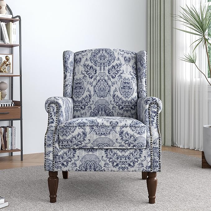Lumibee Wingback Accent Chair,High Back Floral Armchairs in Fabric,Comfy Upholstered Reading Single Sofa Chair with Solid Wood Legs for Living Room,Bedroom,Office-Navy