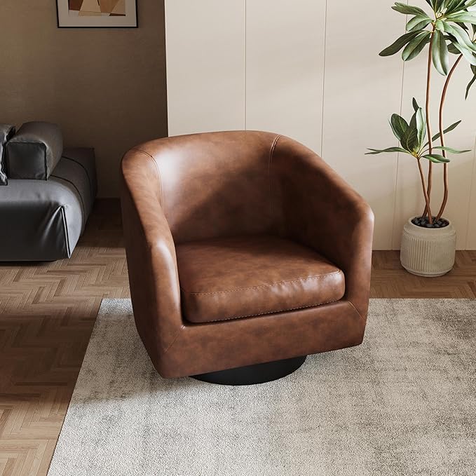 Lumibee Swivel Accent Chair, Faux Leather Swivel Barrel Chair for Living Room, Modern Comfy Upholstered Round Armchair Single Sofa Chair for Bedroom, Club-Coffee