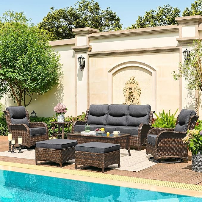 HILLGA Luxury Patio Furniture Set with 6-inch Thick Cushion, Outdoor Couch and High Back Swivel Rocker Patio Chairs, 7PCS Wicker Conversation Set for Deck Yard and Poolside, Dark Grey (V2)