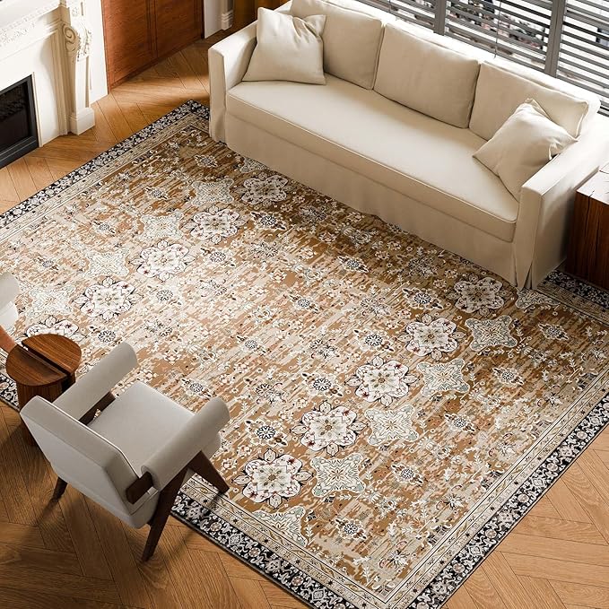 VEVOR 9 x 12 ft Area Rug Large Washable Rug Non-Slip and Tear-Resistant Soft Carpet Pet & Child Friendly Vintage Area Rugs Indoor Mat for Bedroom Living Room Kids Room Office Brown Green