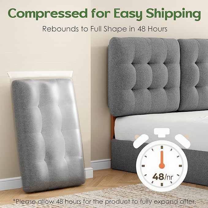 Upholstered Headboard Queen Size, Adjustable Height Queen Headboard Only from 39”to 44”with Durable Solid Wood Legs, Modern Button Diamond Fabric Bed Head Board with Width Adapters, Grey