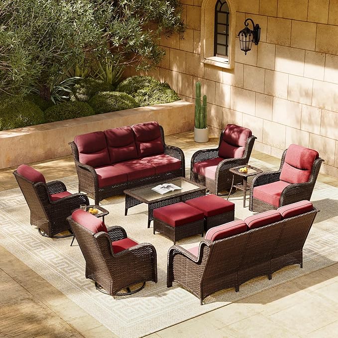 HILLGA Luxury Patio Furniture Set with 6-inch Thick Cushion, Outdoor Couch and High Back Swivel Rocker Patio Chairs, 11PCS Wicker Conversation Set for Deck Yard and Poolside, Burgundy (V2)