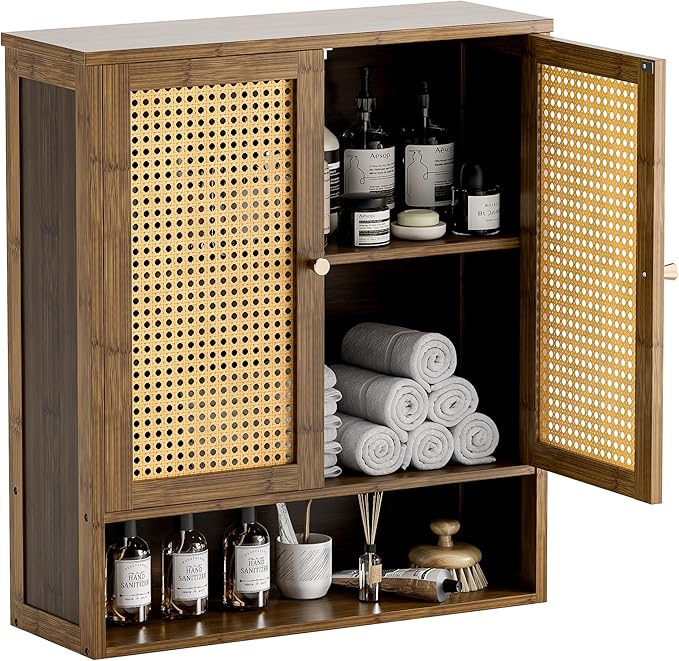 HITNET Bamboo Medicine Cabinet, Wall Mounted Bathroom Cabinet with Adjustable Shelf, Double Rattan Door Hanging Storage Organizer Over Toilet for Entryway, Laundry Room (Walnut)