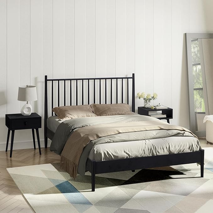 NTC Inno Wooden Bed Frame with Headboard, Solid Oak and Rubber Wood Foundation with Silent Slats and Wood Central Supports, 1000 Lb Capacity, Effortless Assembly, Queen - Burnt Black