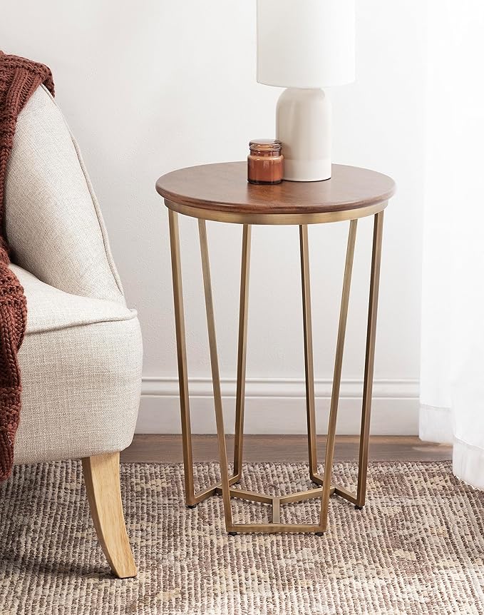 Kate and Laurel Solvay Round Metal and Wood Side Table; 16 x 16 x 24; Walnut and Antique Brass; Mid-Century Modern Bedroom Nightstand Table with Solid Mango Wood Tabletop and Iron Base