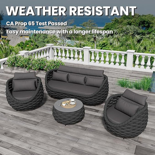 Woven Rope Patio Furniture Set: 4 Pieces Aluminum Outdoor Conversation Sofa Set Assembled - Modern Couch Set Cushioned - All Weather Metal Porch Seating for 5 Person Deck Garden Hotel, Dark Gray